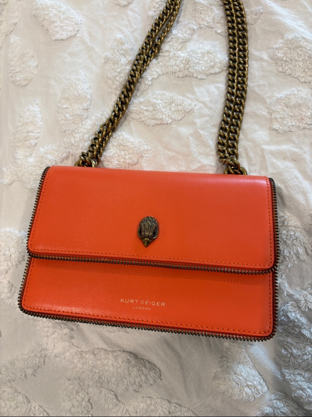 Kurt Geiger Orange Leather Crossbody with Antique Gold Chain